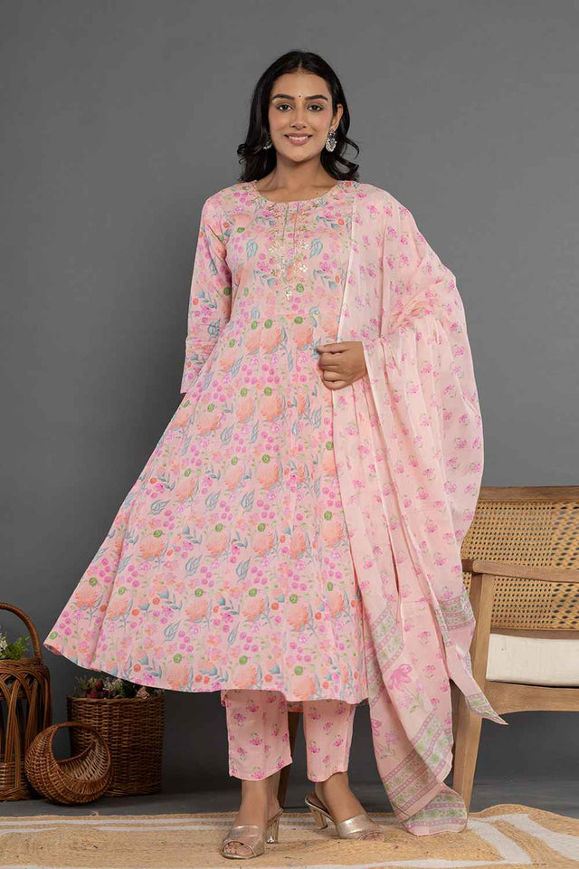 Orange Floral Print Patch Work Pure Cotton Kurti Pant Set