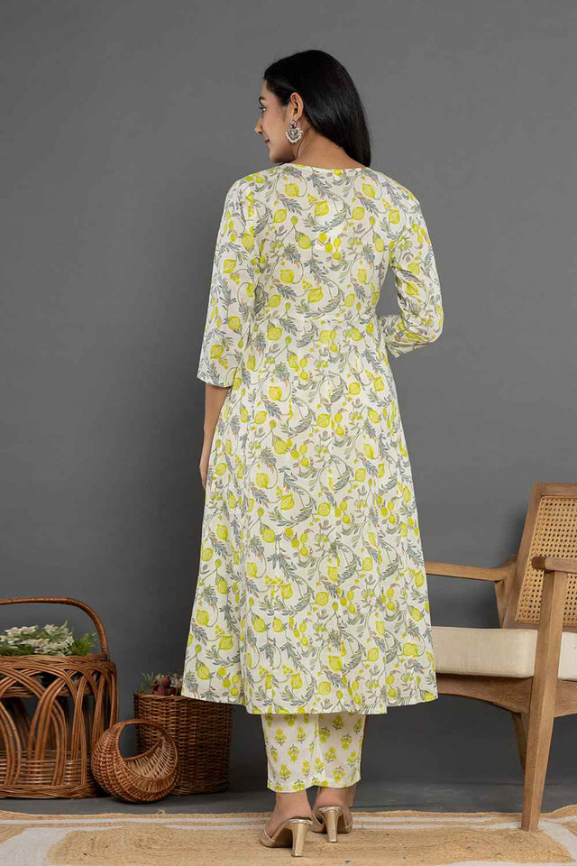 Green Ethnic Motifs Beads and Stones Embossed Pure Cotton Kurti Pant Set