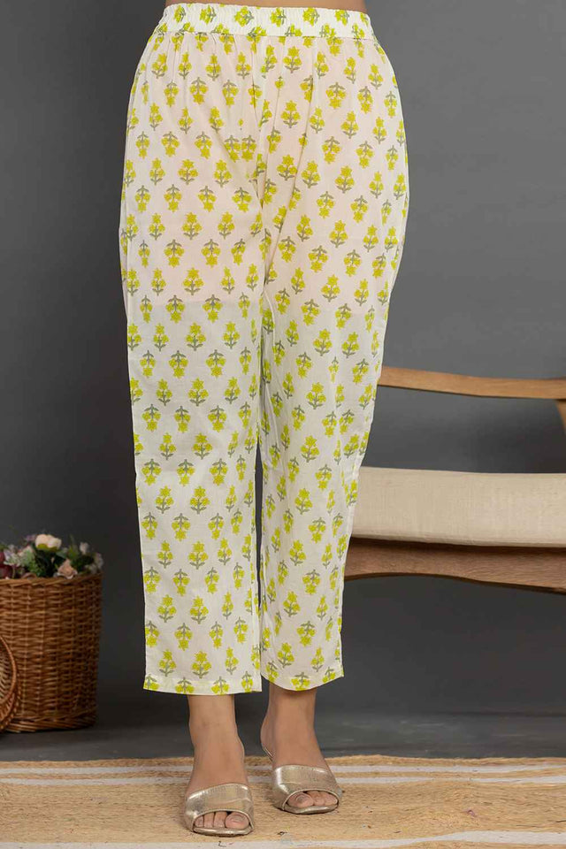 Green Ethnic Motifs Beads and Stones Embossed Pure Cotton Kurti Pant Set