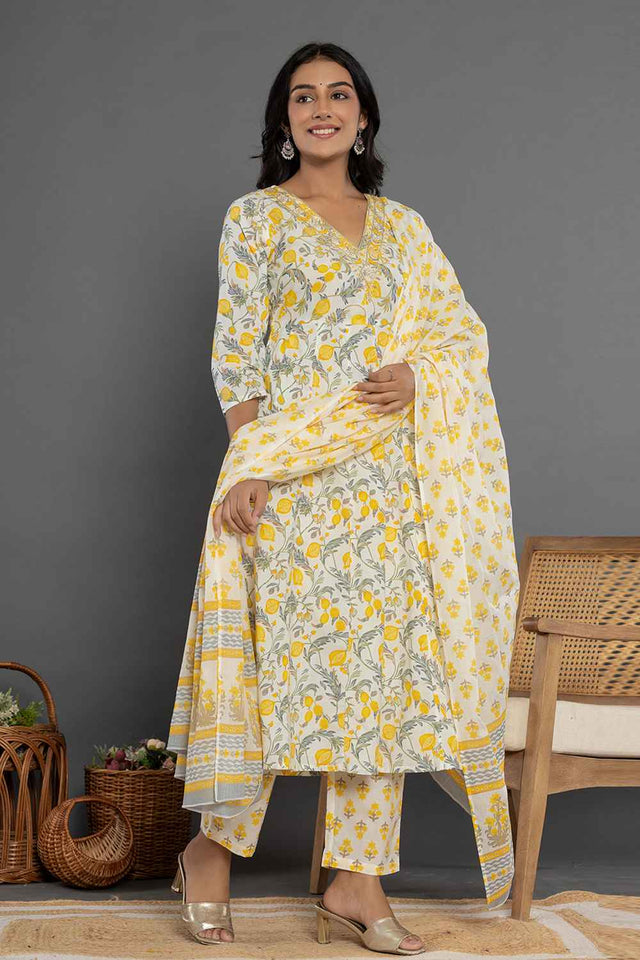 Yellow Ethnic Motifs Beads and Stones Embossed Pure Cotton Kurti Pant Set