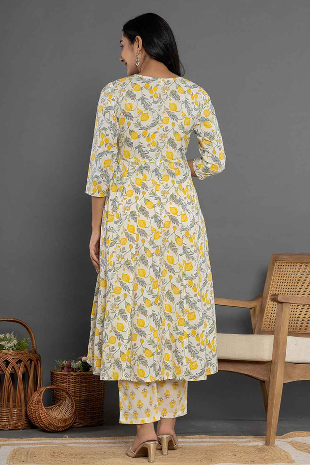 Yellow Ethnic Motifs Beads and Stones Embossed Pure Cotton Kurti Pant Set