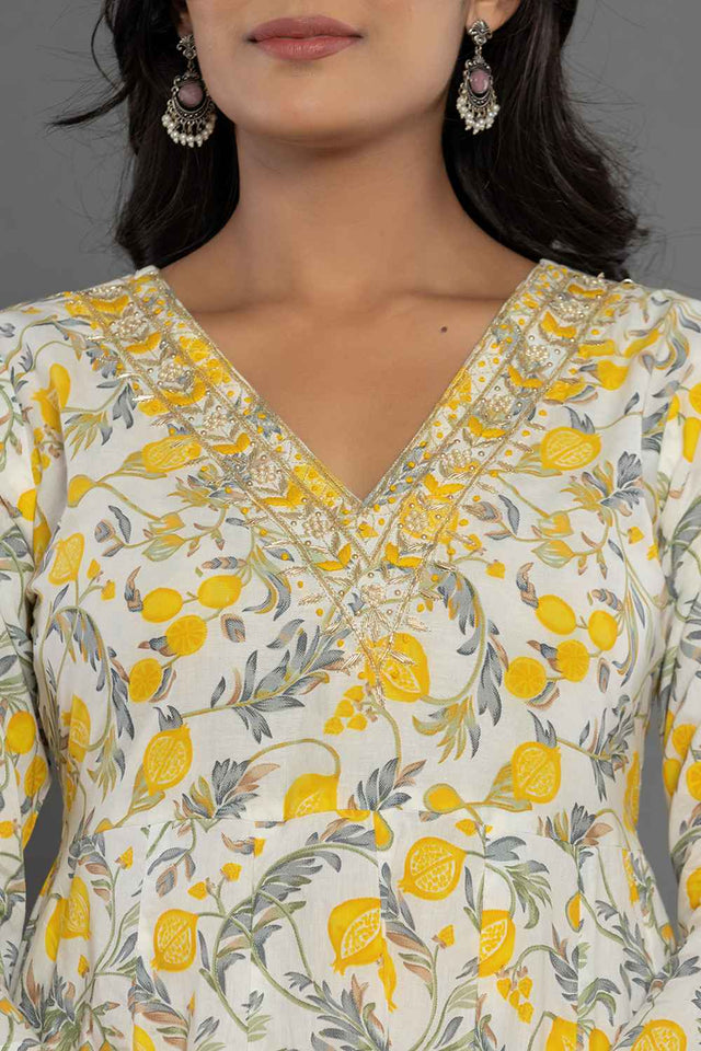 Yellow Ethnic Motifs Beads and Stones Embossed Pure Cotton Kurti Pant Set