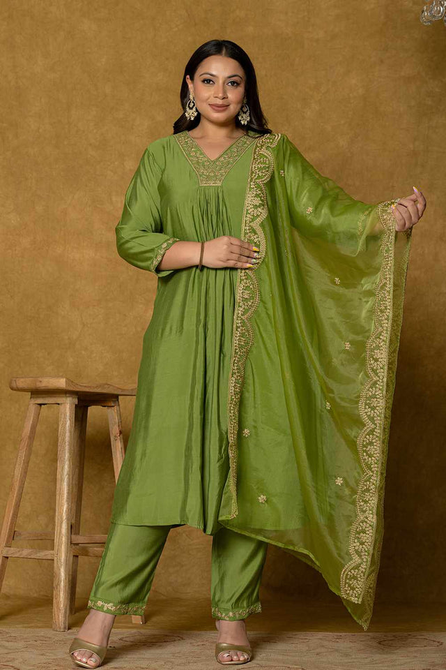 Green Solid Silk Blend Kurti Pant Set