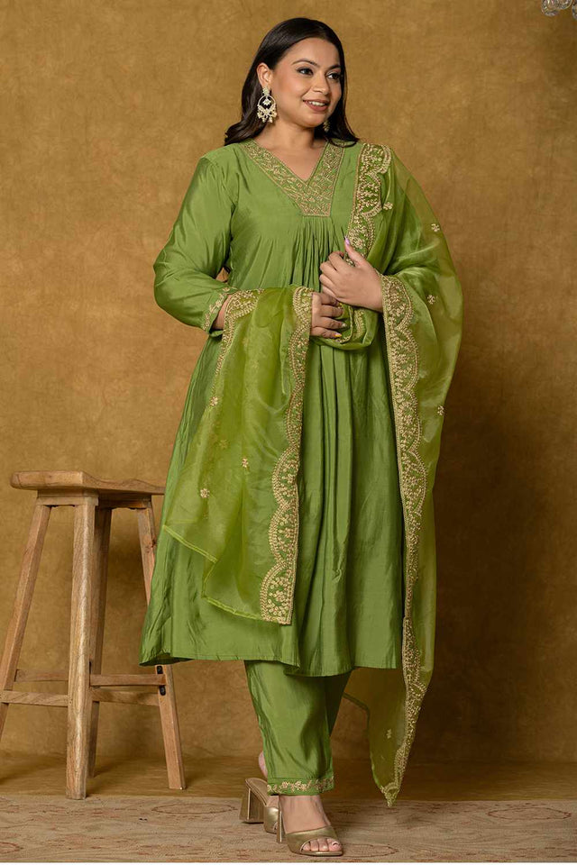 Green Solid Silk Blend Kurti Pant Set