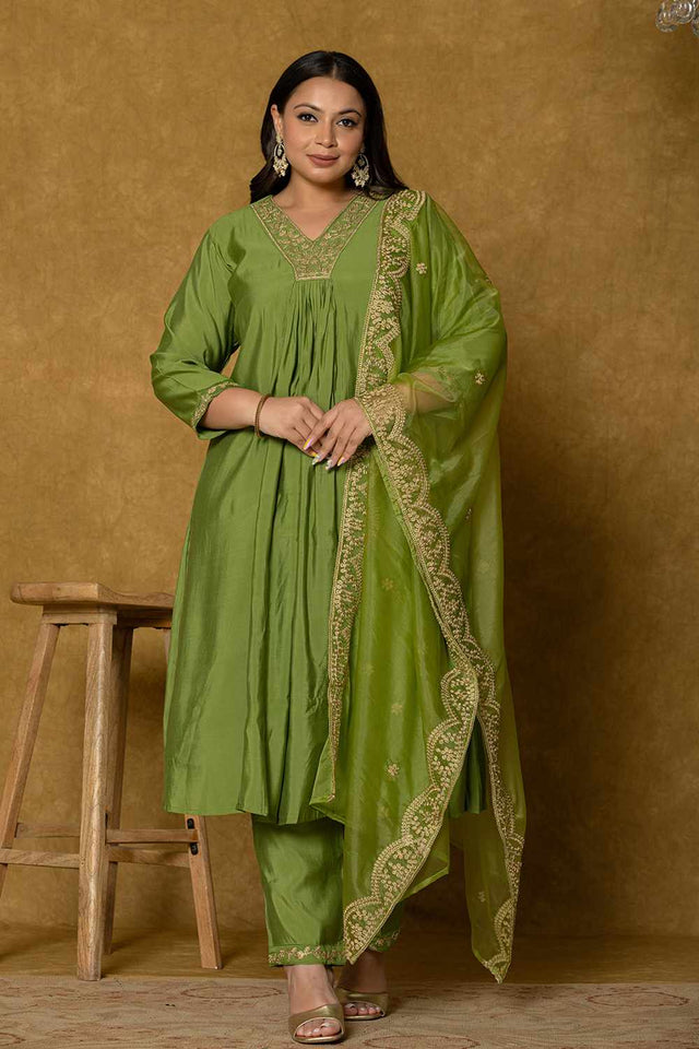Green Solid Silk Blend Kurti Pant Set
