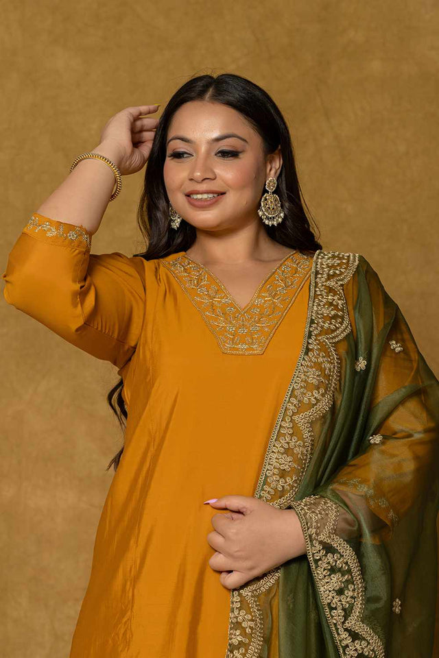 Mustard Solid Silk Blend Kurti Pant Set