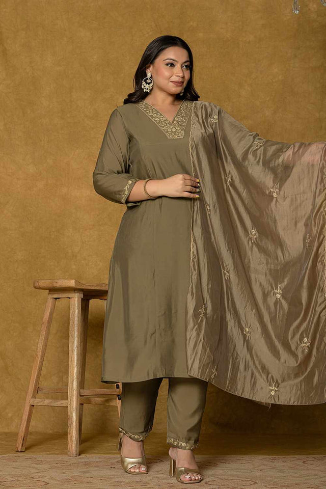 Olive-Green Solid Silk Blend Kurti Pant Set