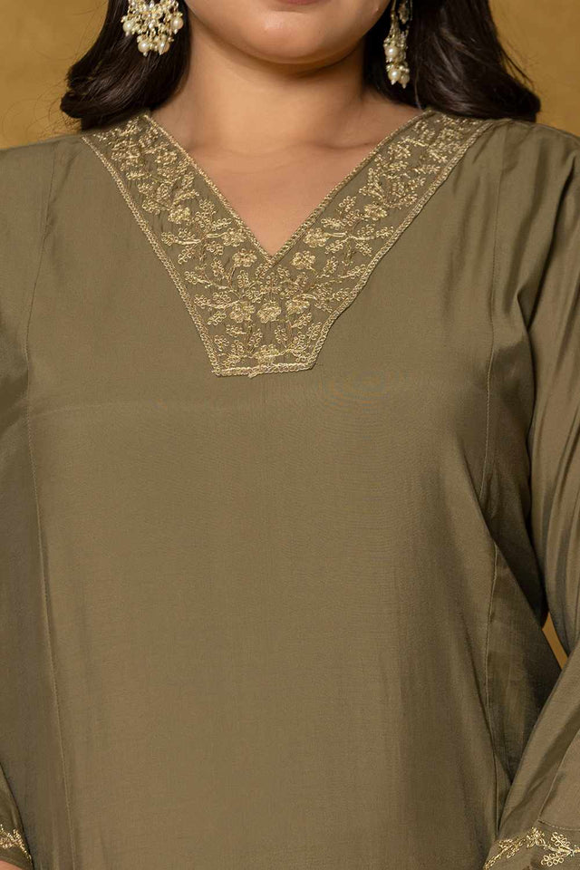 Olive-Green Solid Silk Blend Kurti Pant Set