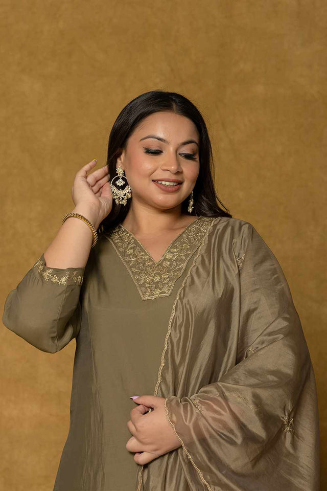 Olive-Green Solid Silk Blend Kurti Pant Set