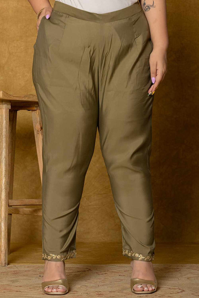 Olive-Green Solid Silk Blend Kurti Pant Set