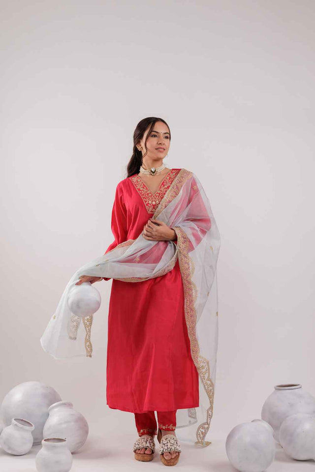 Magenta Embroidered Silk Kurti Pant Set