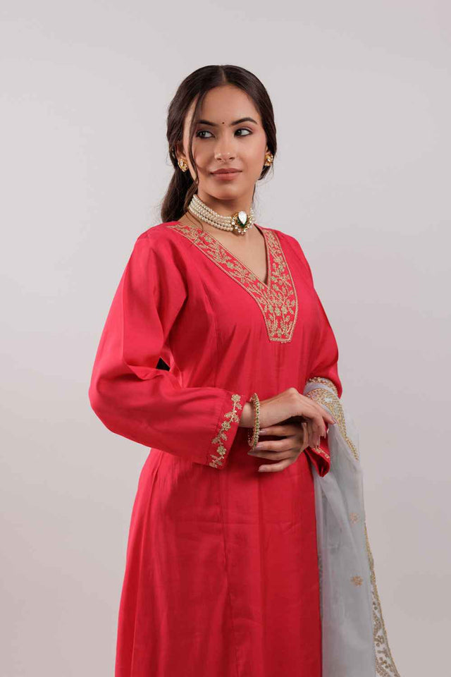 Magenta Embroidered Silk Kurti Pant Set