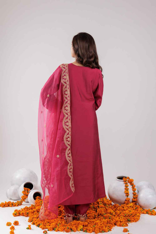Pink Embroidered Silk Kurti Pant Set