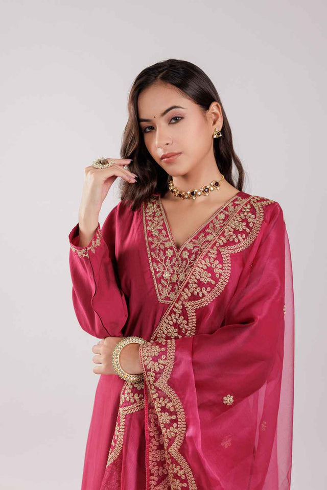 Pink Embroidered Silk Kurti Pant Set