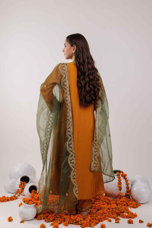 Yellow Embroidered Silk Kurti Pant Set