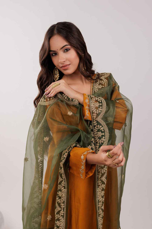 Yellow Embroidered Silk Kurti Pant Set