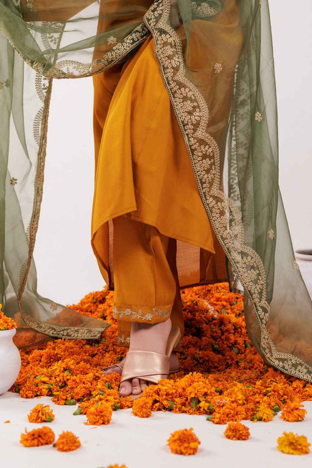 Yellow Embroidered Silk Kurti Pant Set