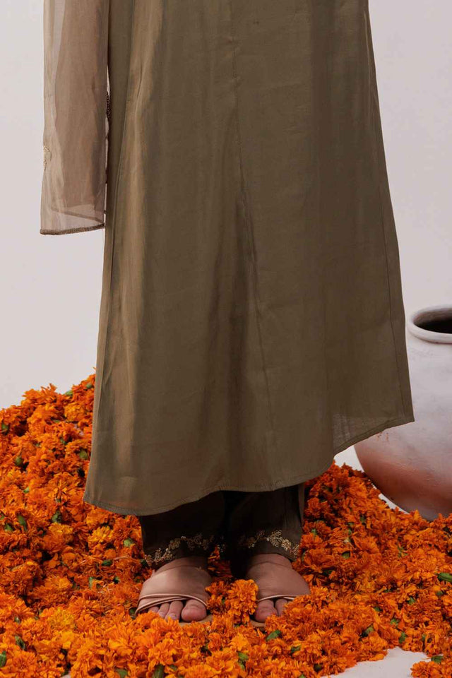 Olive Embroidered Silk Kurti Pant Set