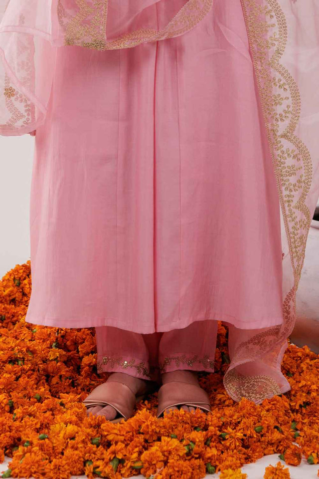 Pink Embroidered Silk Kurti Pant Set