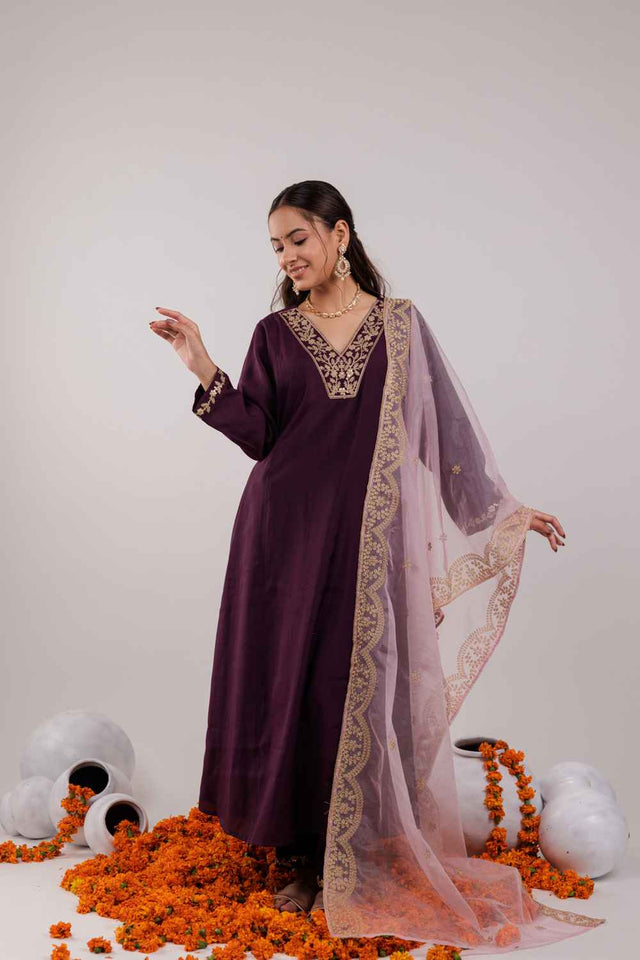 Violet Embroidered Silk Kurti Pant Set