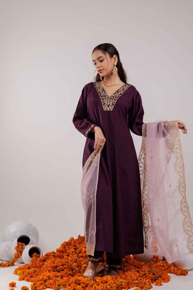 Violet Embroidered Silk Kurti Pant Set