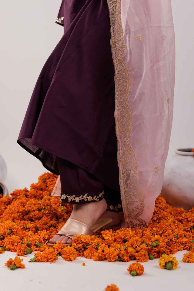 Violet Embroidered Silk Kurti Pant Set