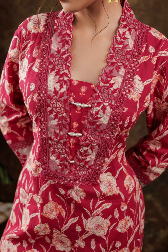 Pink Floral Print Beads and Stones Embossed Pure Cotton Kurti Pant Set