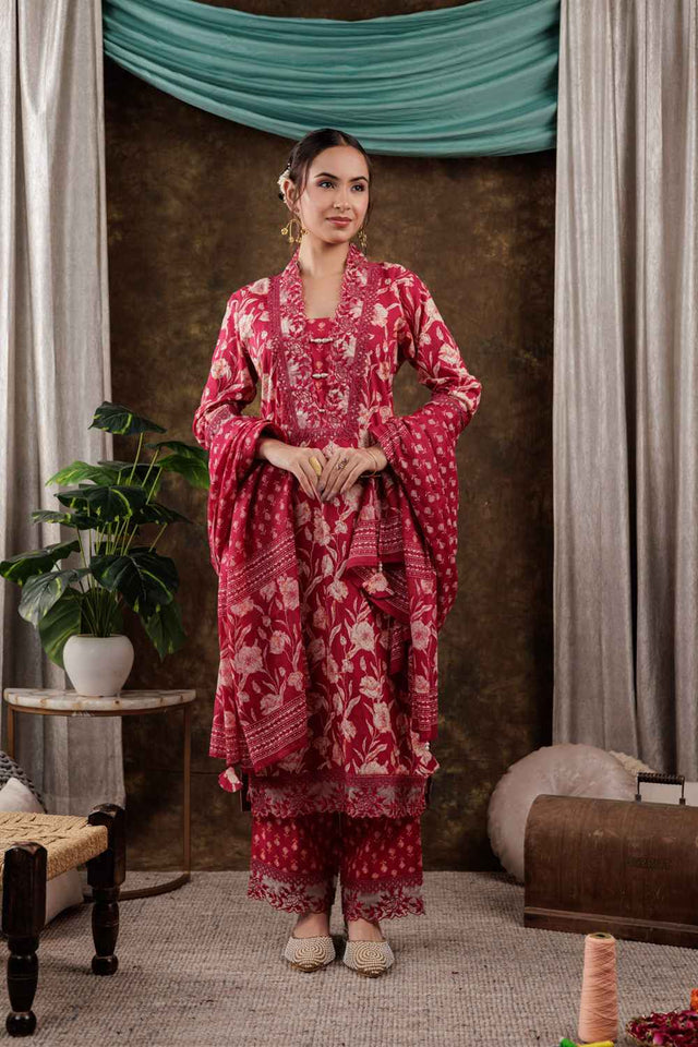 Pink Floral Print Beads and Stones Embossed Pure Cotton Kurti Pant Set