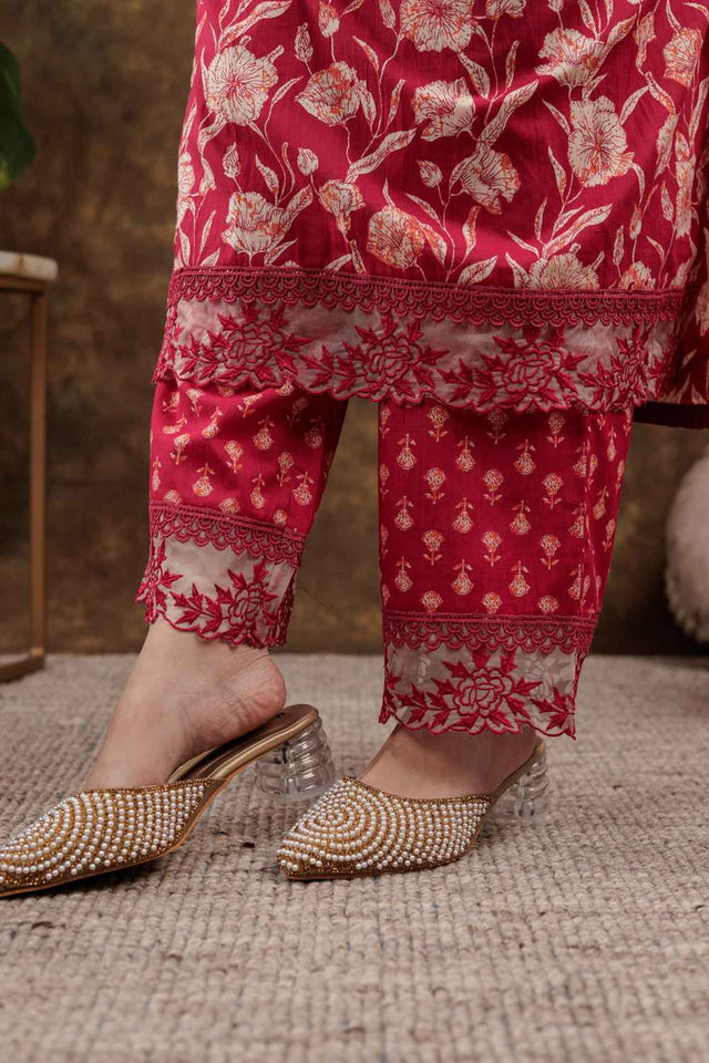 Pink Floral Print Beads and Stones Embossed Pure Cotton Kurti Pant Set