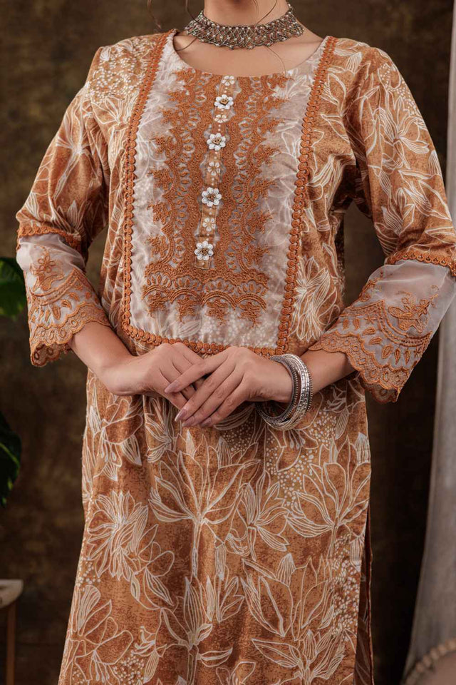 Yellow Floral Print Beads and Stones Embossed Pure Cotton Kurti Pant Set