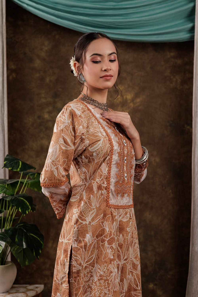 Yellow Floral Print Beads and Stones Embossed Pure Cotton Kurti Pant Set