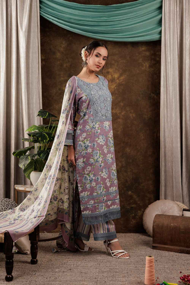 Violet Floral Print Beads and Stones Embossed Pure Cotton Kurti Pant Set