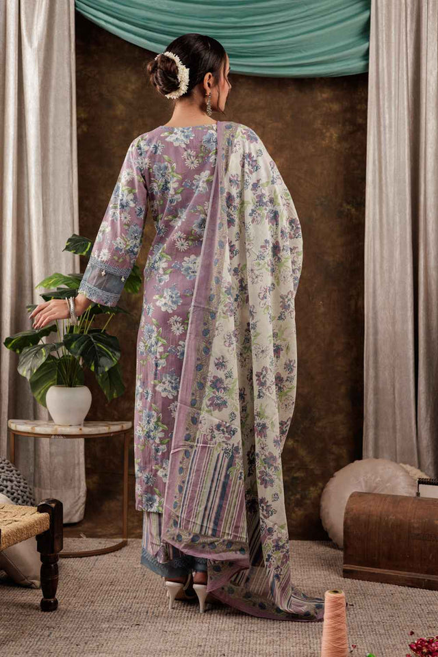 Violet Floral Print Beads and Stones Embossed Pure Cotton Kurti Pant Set