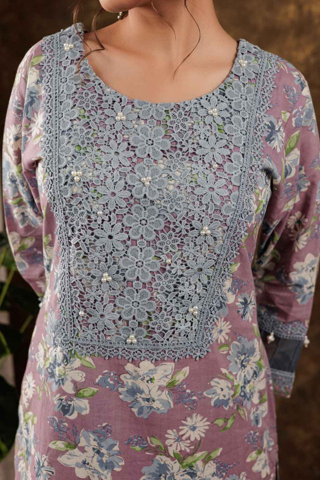 Violet Floral Print Beads and Stones Embossed Pure Cotton Kurti Pant Set