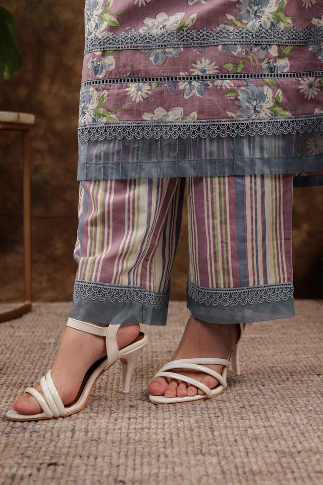 Violet Floral Print Beads and Stones Embossed Pure Cotton Kurti Pant Set