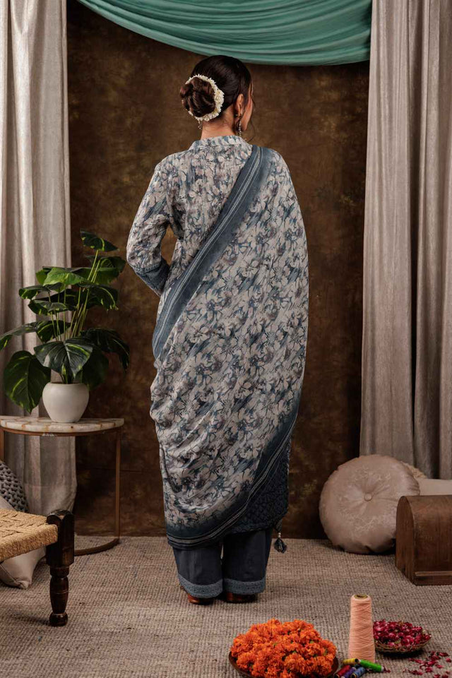 Grey Floral Print Beads and Stones Embossed Pure Cotton Kurti Pant Set