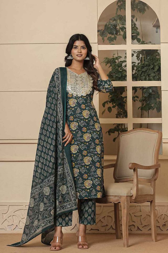 Green Floral Print Sequins Work Pure Cotton Kurti Pant Set