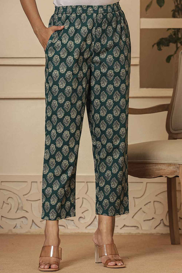 Green Floral Print Sequins Work Pure Cotton Kurti Pant Set