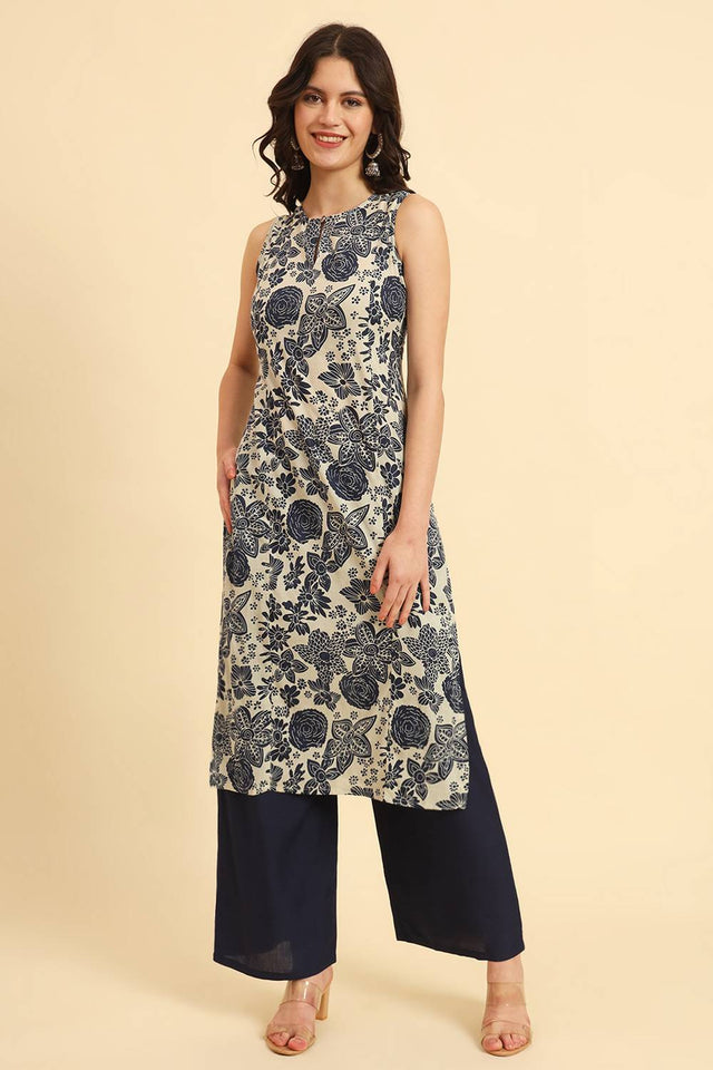 Blue Floral Printed Cotton Straight Kurti
