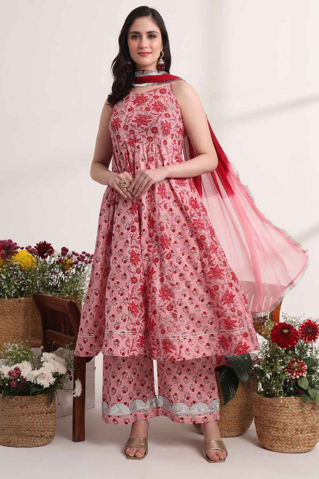 Pink Floral Printed Cotton Anarkali Suit Set