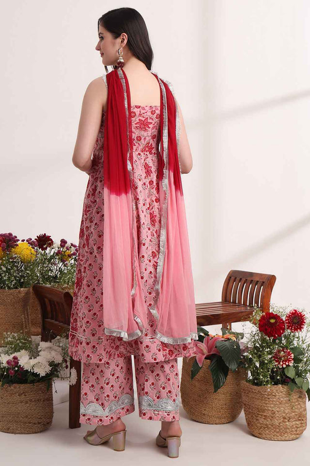 Pink Floral Printed Cotton Anarkali Suit Set