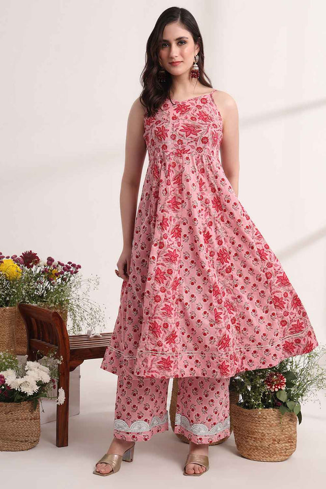 Pink Floral Printed Cotton Anarkali Suit Set
