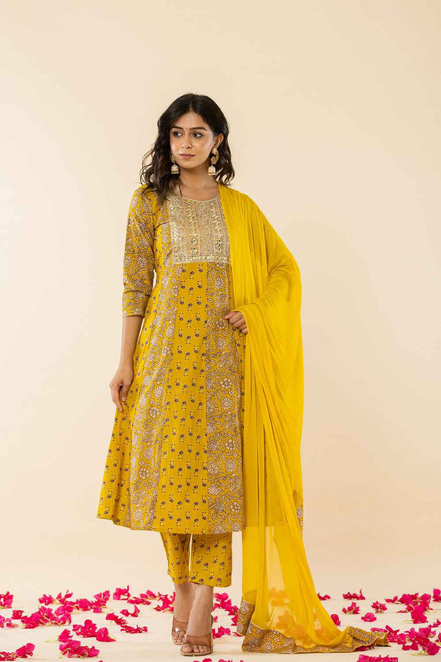 Yellow Floral Print Embroidered Pure Cotton Kurti Pant Set