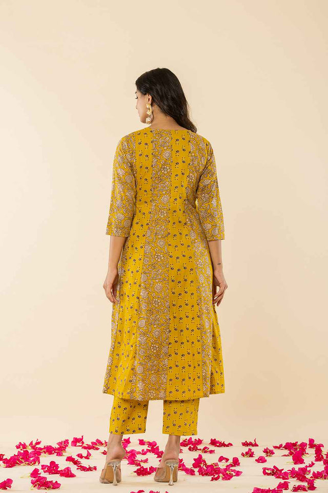 Yellow Floral Print Embroidered Pure Cotton Kurti Pant Set
