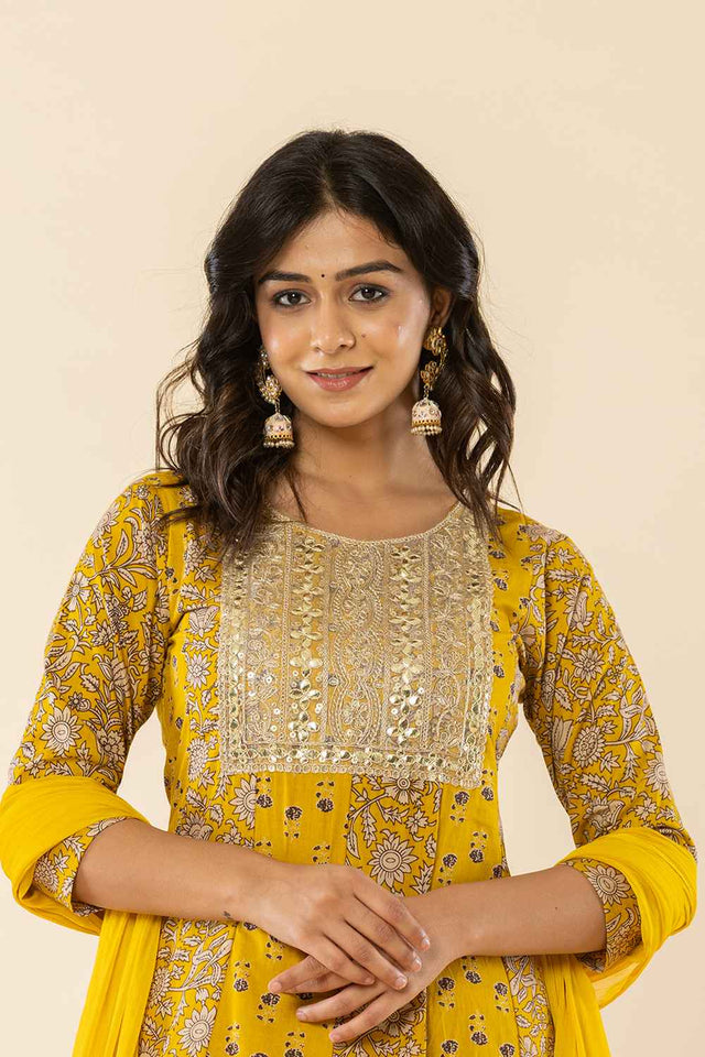 Yellow Floral Print Embroidered Pure Cotton Kurti Pant Set