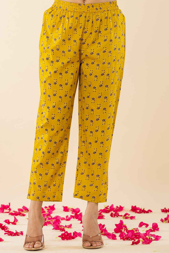 Yellow Floral Print Embroidered Pure Cotton Kurti Pant Set