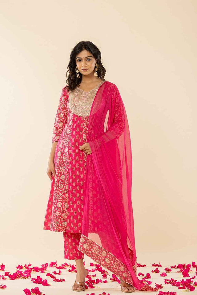 Pink Floral Print Embroidered Pure Cotton Kurti Pant Set