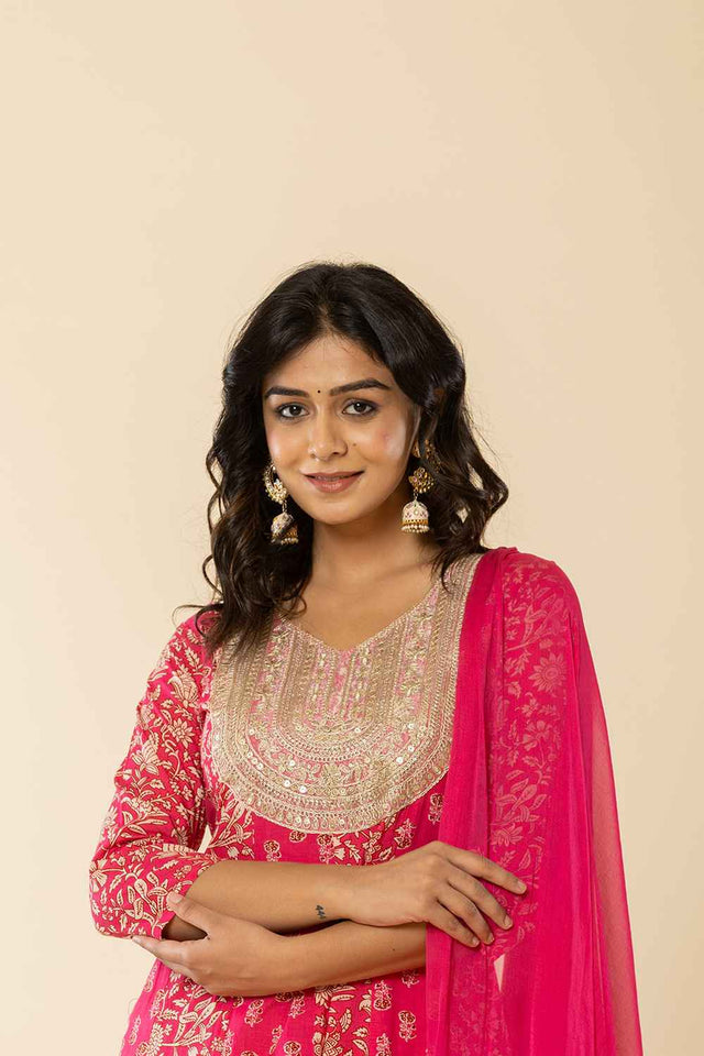 Pink Floral Print Embroidered Pure Cotton Kurti Pant Set