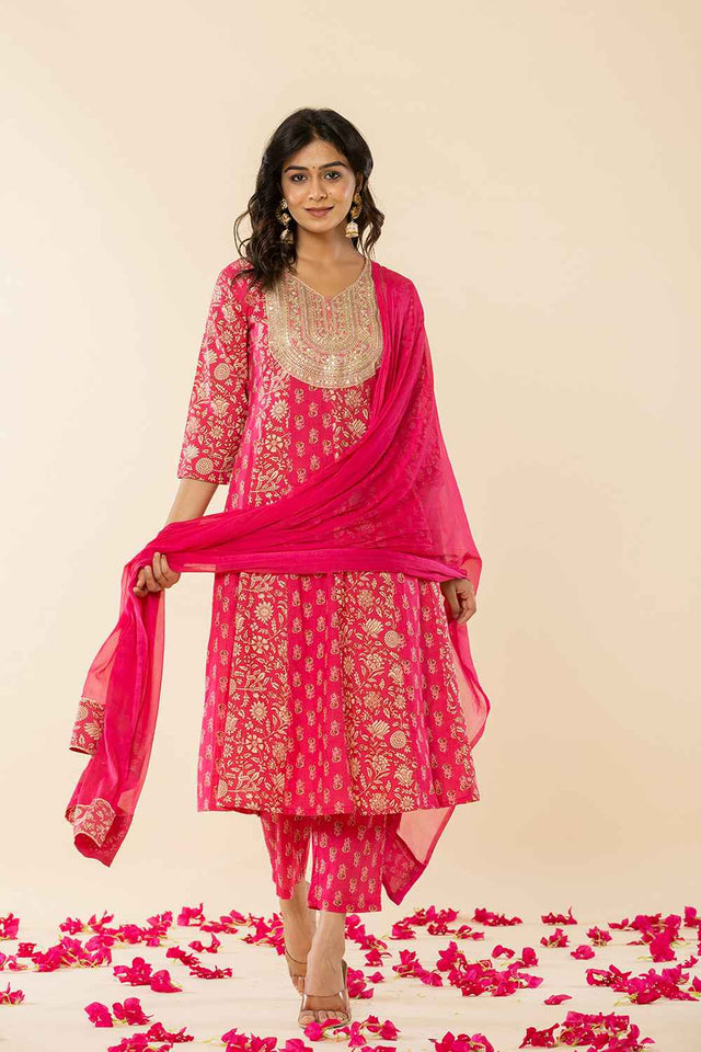 Pink Floral Print Embroidered Pure Cotton Kurti Pant Set