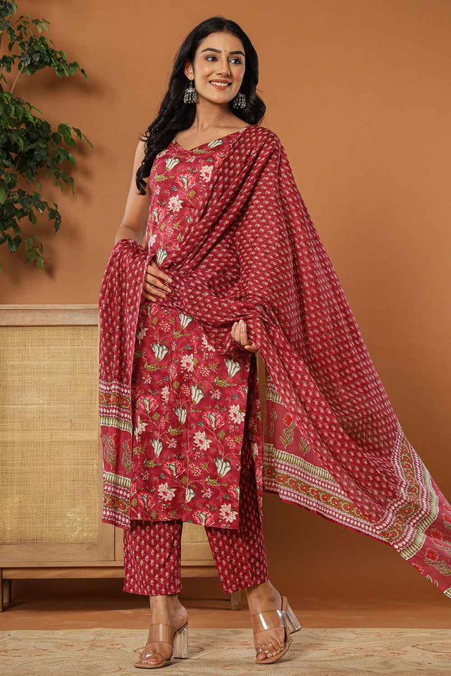 Brown Floral Print Pure Cotton Kurti Pant Set